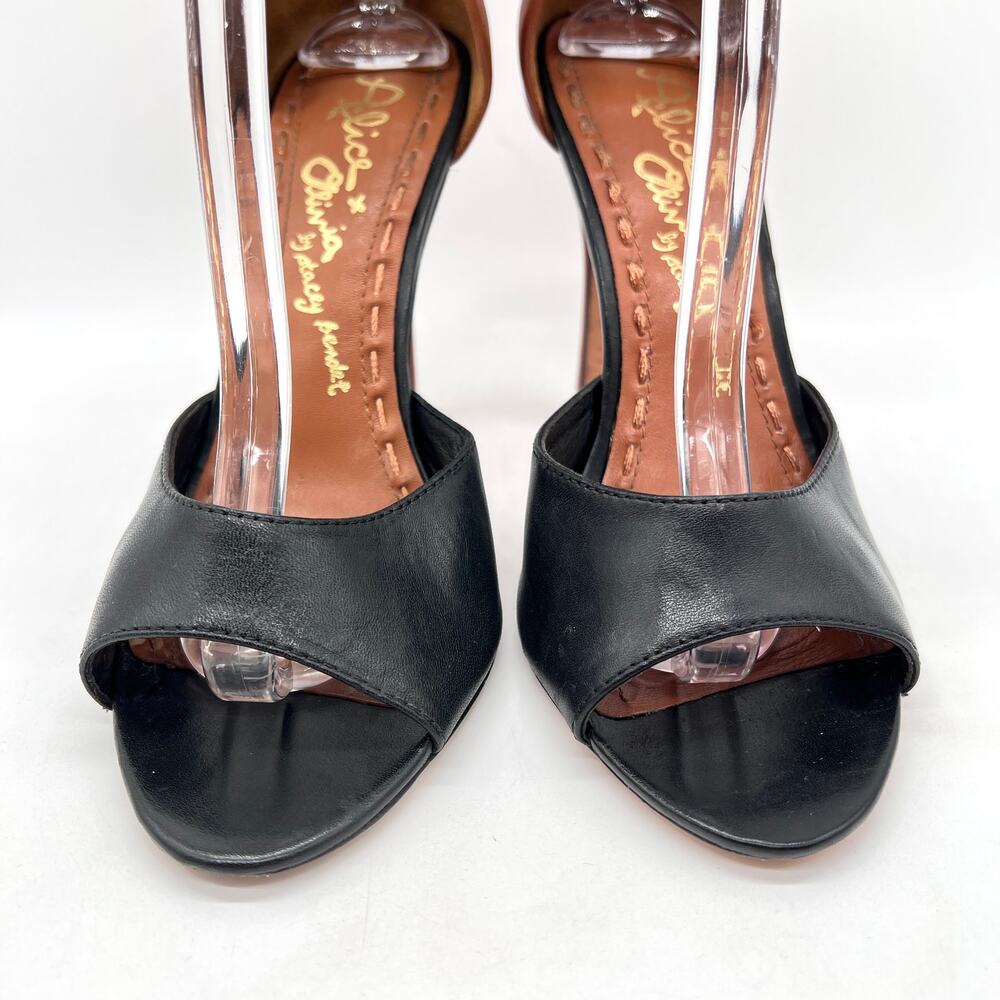 ALICE + OLIVIA Gwennie Ankle Wrap Strap Heels Womens 39 Black Brown Leather - Picture 2 of 14